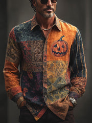 Cute Pumpkin Witch Holding Flowers Button Up Long Sleeve Shirt Halloween Apparel Gift Idea