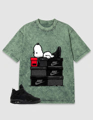 Black Cat 4s Zadago Washed T-shirt Snoopy Chilling Graphic