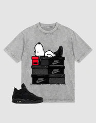 Black Cat 4s Zadago Washed T-shirt Snoopy Chilling Graphic