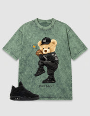 Black Cat 4s Zadago Washed T-shirt Play Hard Bear Graphic