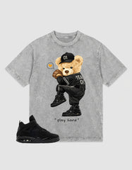 Black Cat 4s Zadago Washed T-shirt Play Hard Bear Graphic