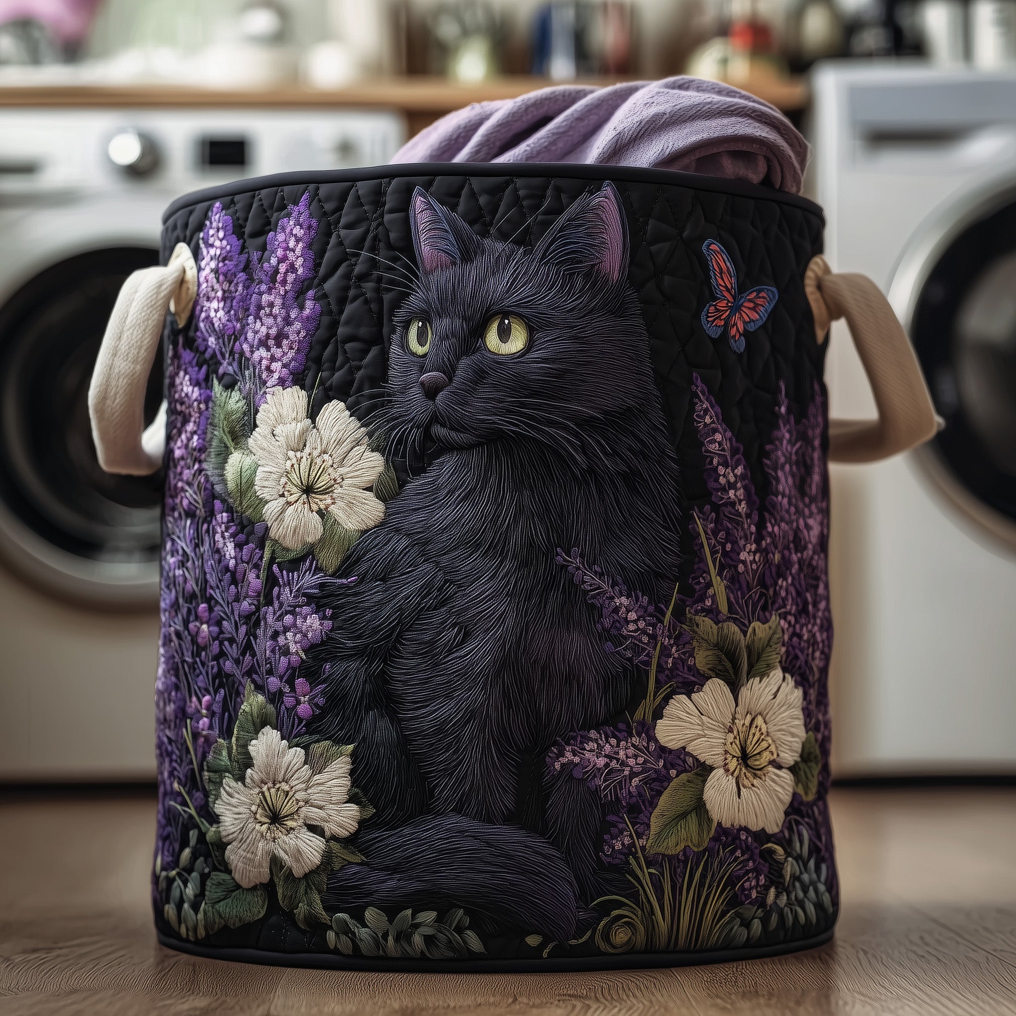 Black Cat Garden Quilted Laundry Basket Cat Lover Clothes Hamper Room Gift For Her