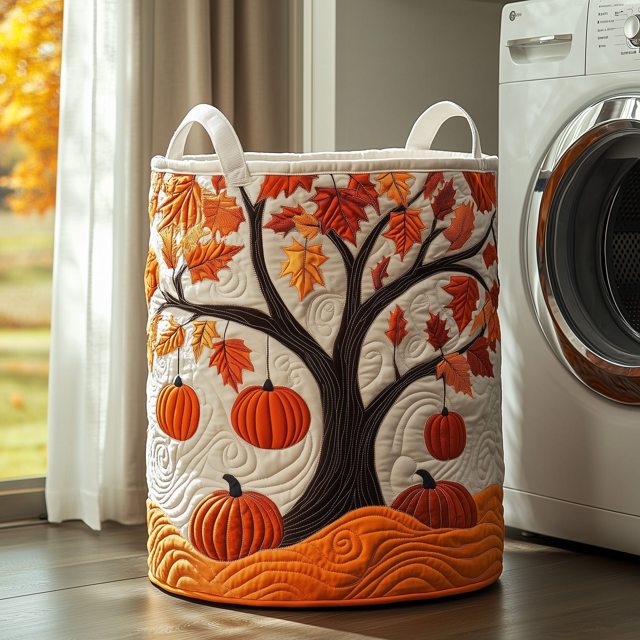 Autumn Harvest Tree Quilted Laundry Basket Pumpkin Patch Hamper Unique Home Decor Gifts For Mom