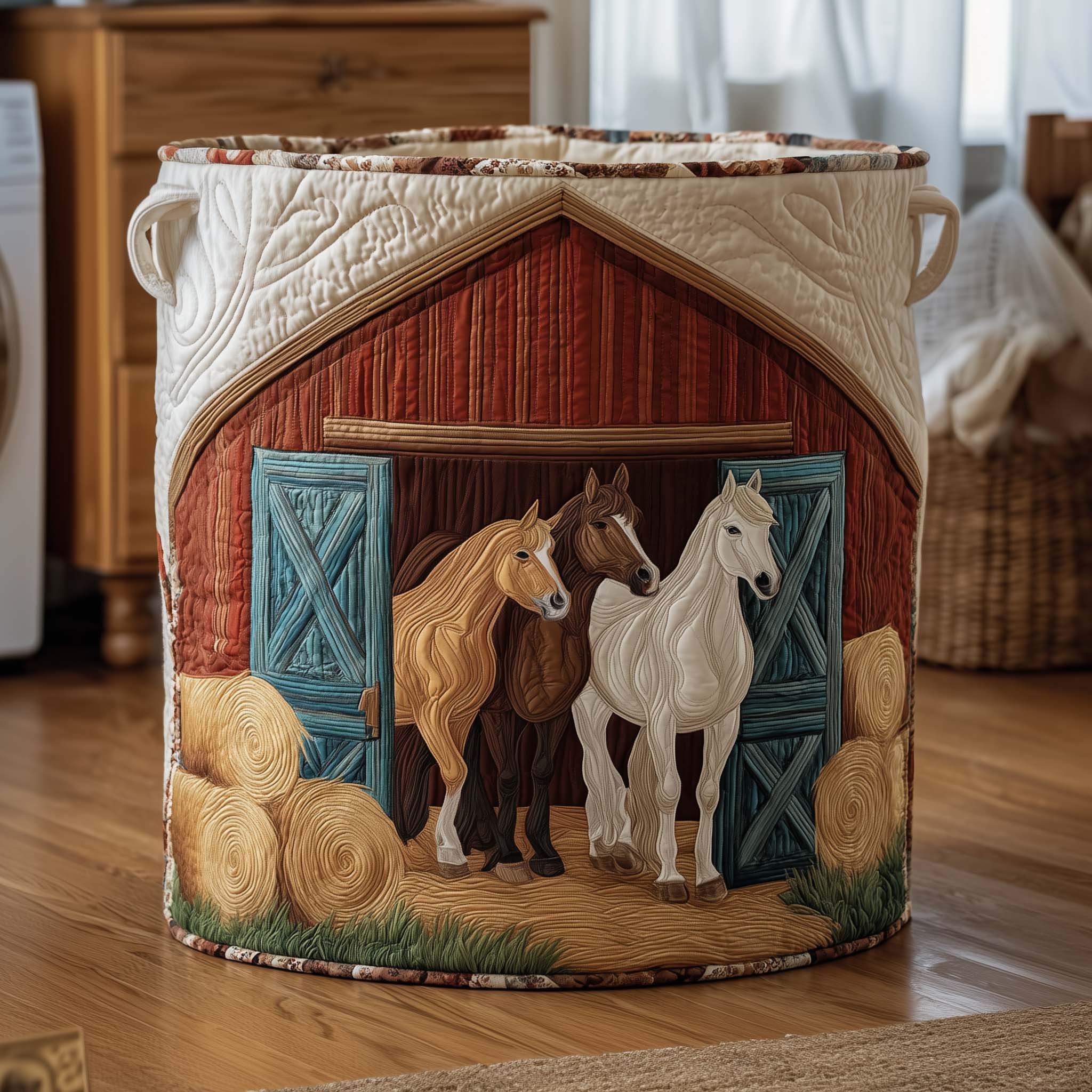 Barnyard Horses Quilted Laundry Basket Horse Lover Hamper Home Decor Gifts For Grandma