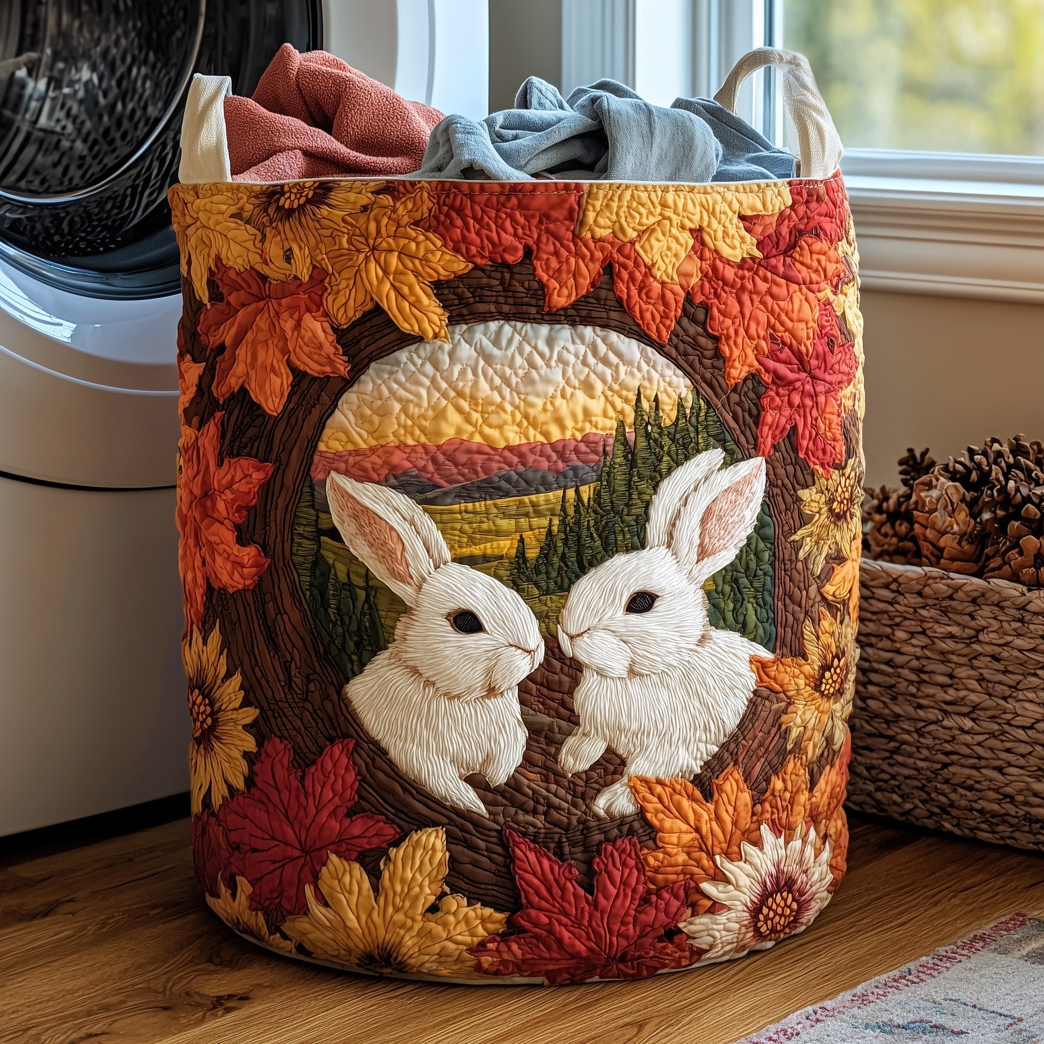 Autumn Forest Rabbits Quilted Laundry Basket Rabbit Lover Laundry Bin Home Lover Gift