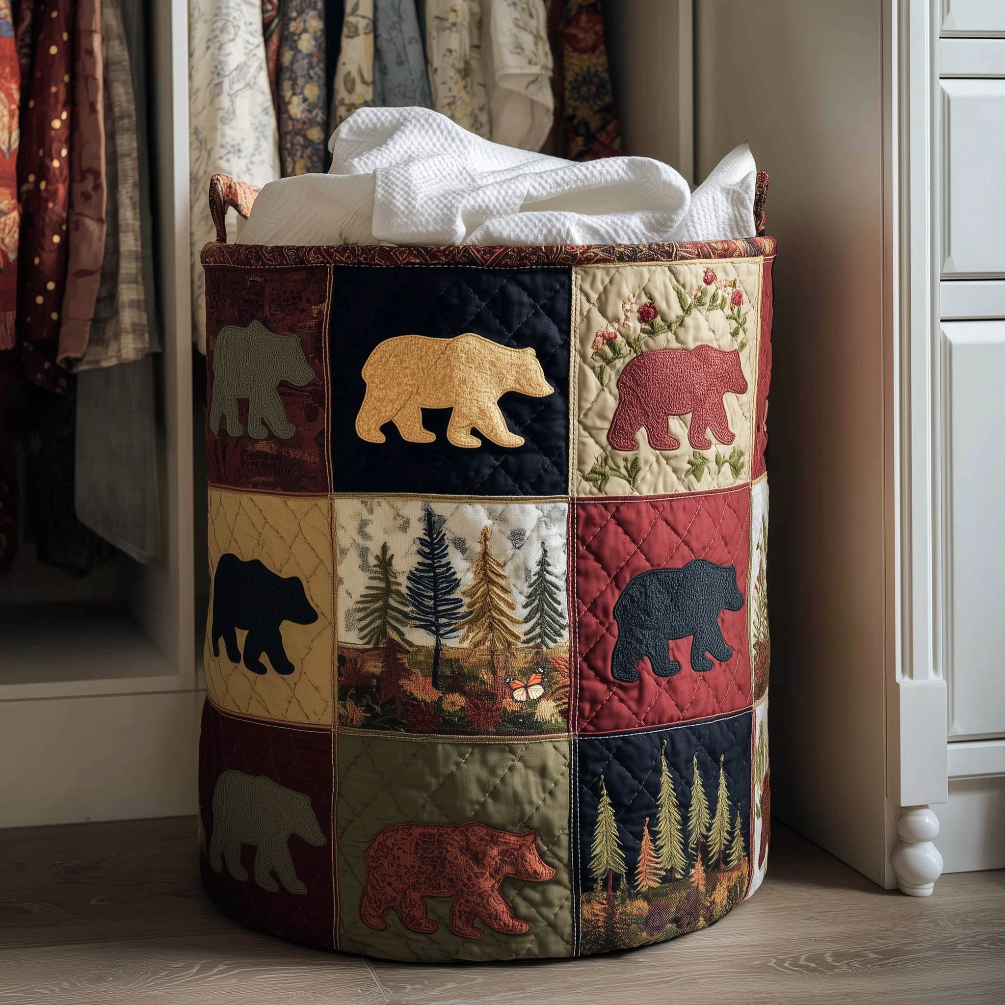 Bear Patchwork Quilted Laundry Basket Bear Lover Laundry Bin Cozy Gift