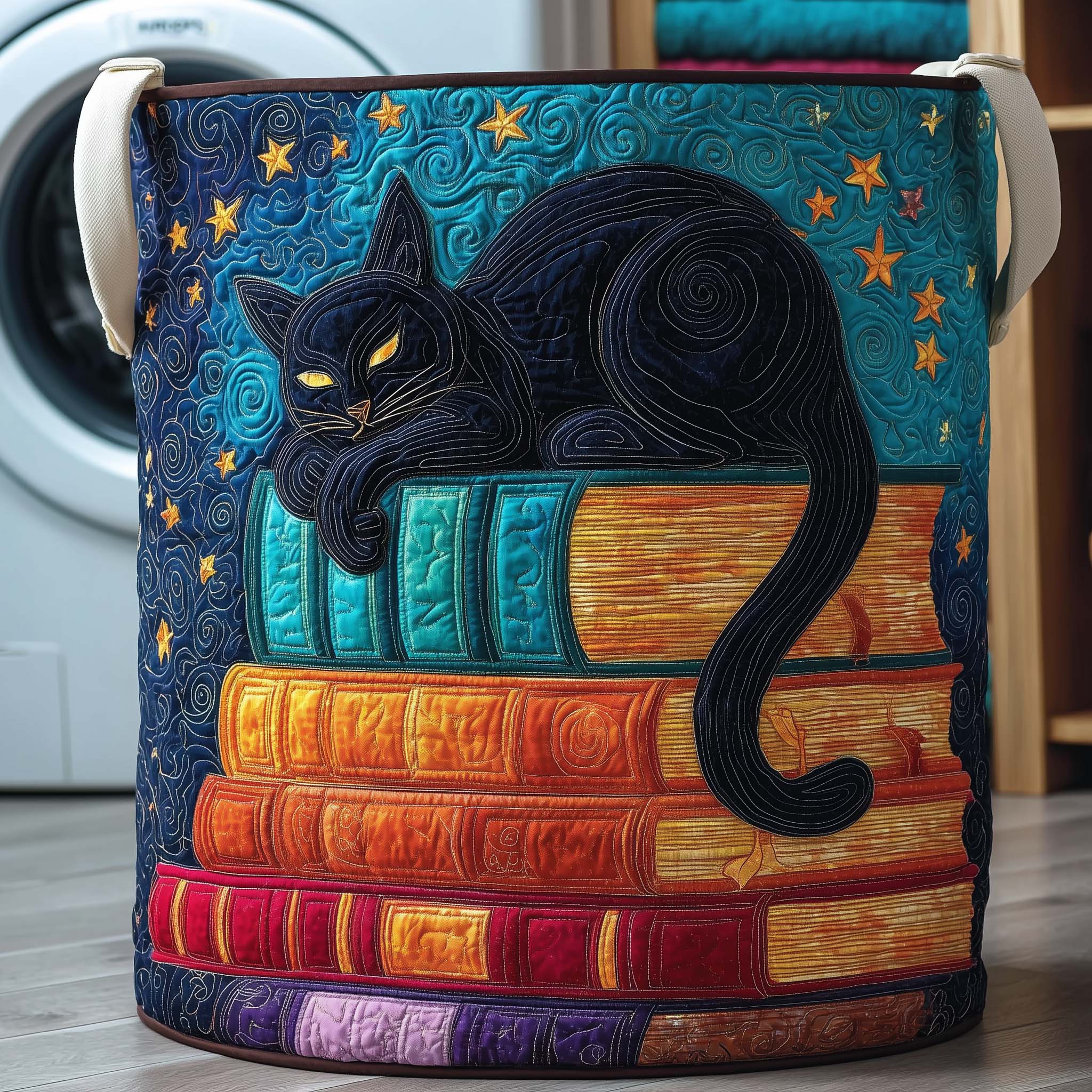Black Cat On Books Quilted Laundry Basket Black Cat Lover Laundry Bin Gift For Cozy Spaces