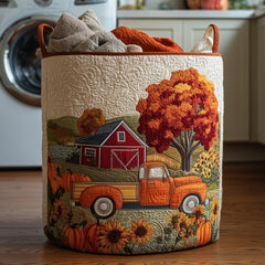 Autumn Farmstead Quilted Laundry Basket Truck And Pumpkins Storage Basket Gift For Room Lovers