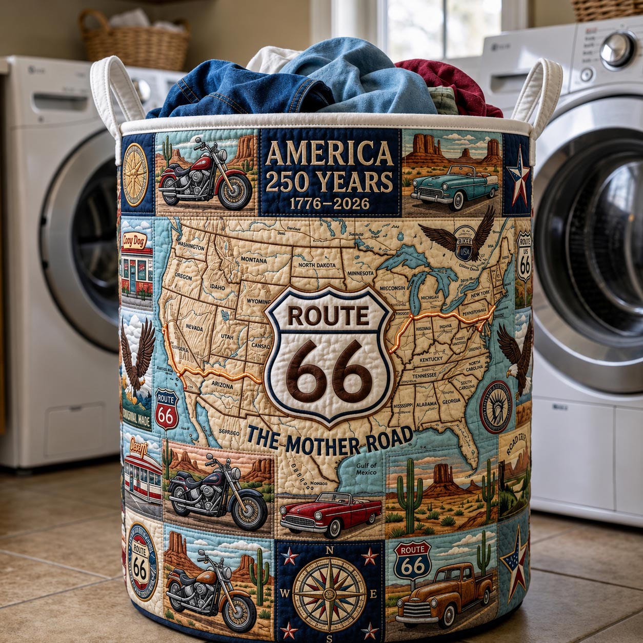 America 250 Years Quilted Laundry Basket America Mother Road Clothes Hamper Home Decor For Her