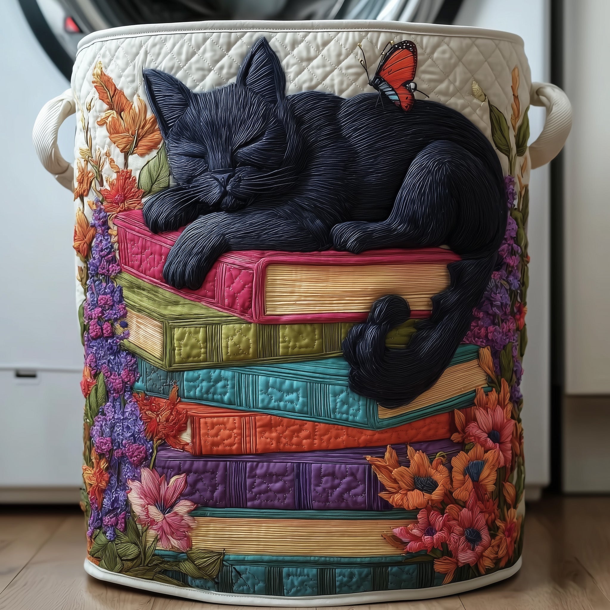 Black Cat Sleeping On Books Quilted Laundry Basket Cat Lover Laundry Hamper Present