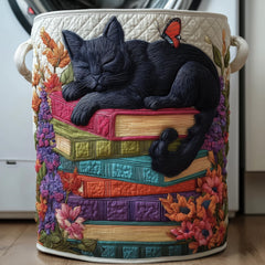 Black Cat Sleeping On Books Quilted Laundry Basket Cat Lover Laundry Hamper Present