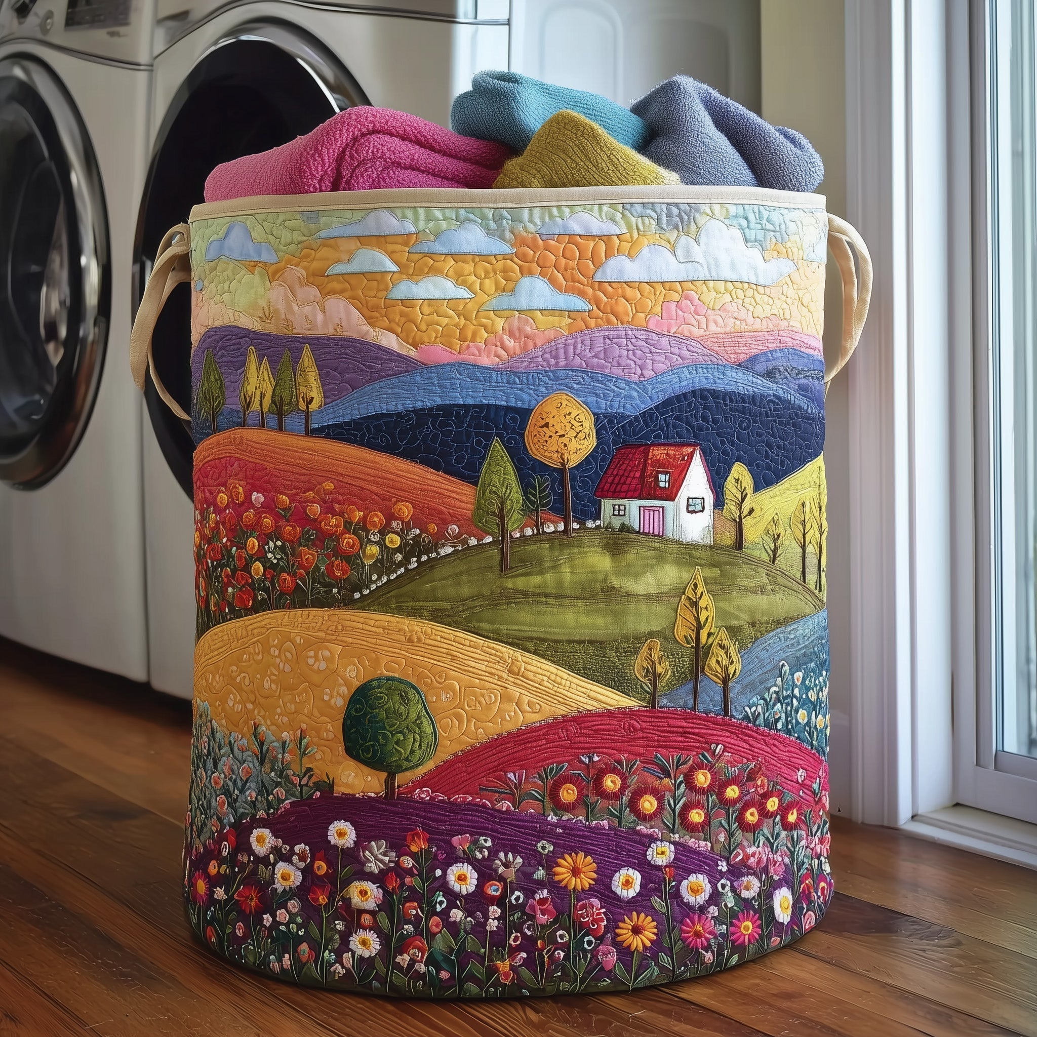 Country Landscape Quilted Laundry Basket Farmhouse Floral Hamper Decor Gift