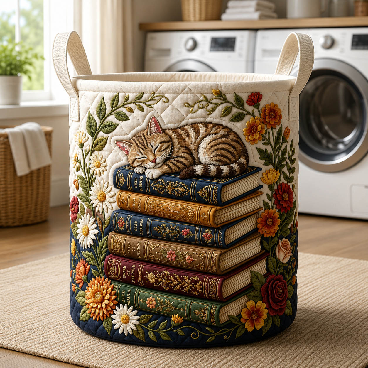Cozy Bookworm Quilted Laundry Basket Cat Lover Laundry Bin Trendy Room Decor