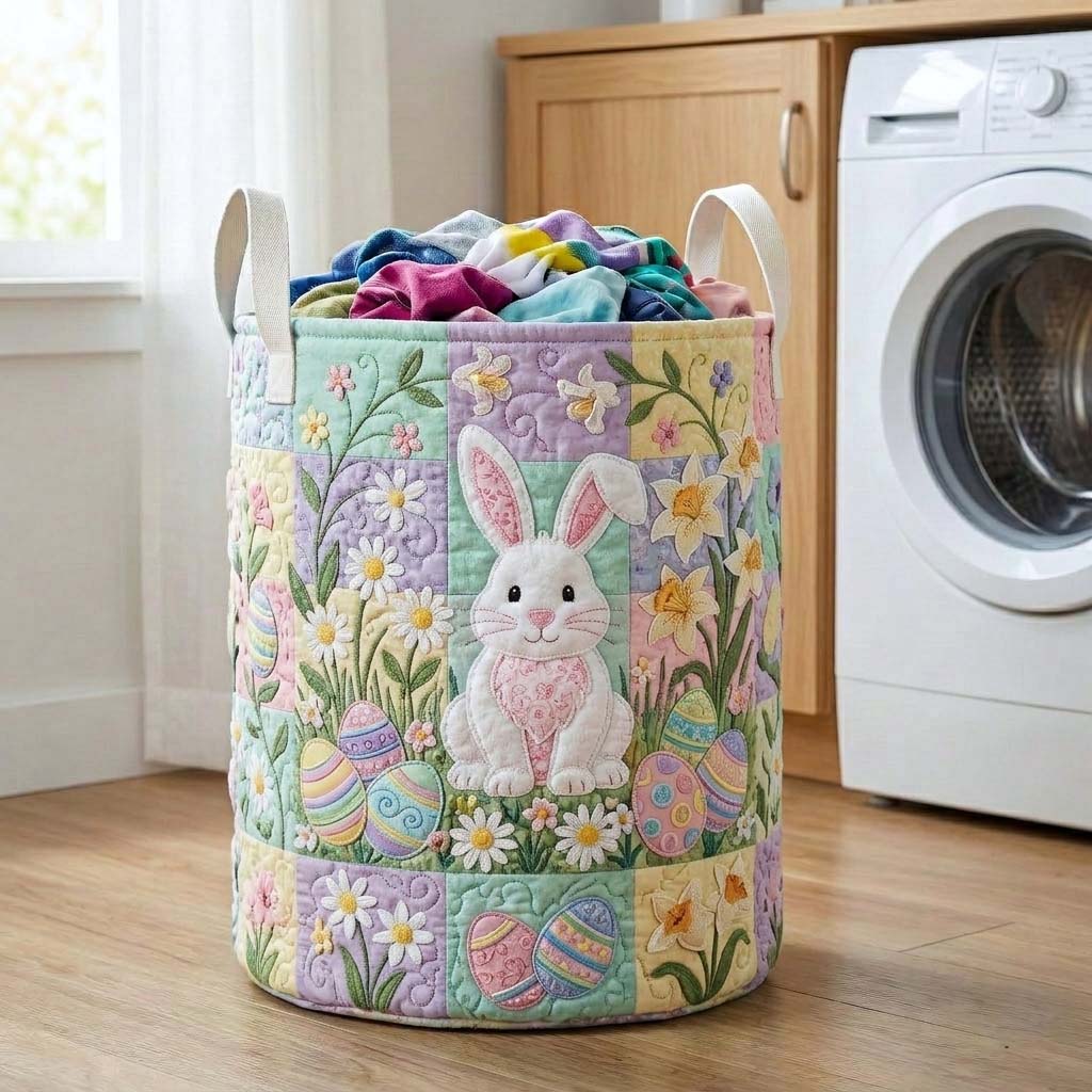 Easter Bunny Garden Quilted Laundry Basket Bunny Easter Eggs Clothes Hamper Home Gift