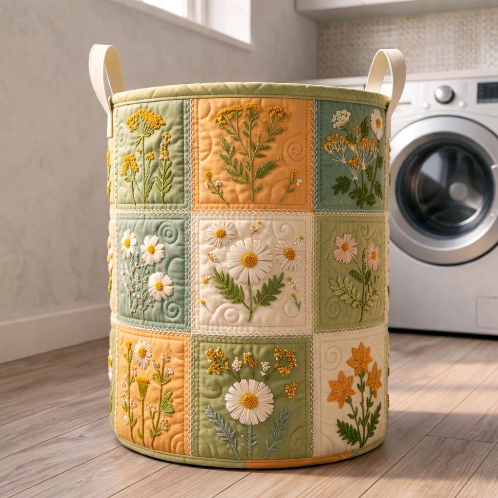 Botanical Patchwork Quilted Laundry Basket Floral Daisy Flower Laundry Bin Cozy Gift