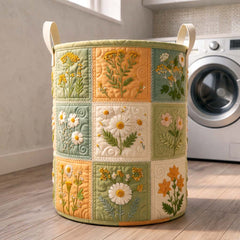 Botanical Patchwork Quilted Laundry Basket Floral Daisy Flower Laundry Bin Cozy Gift
