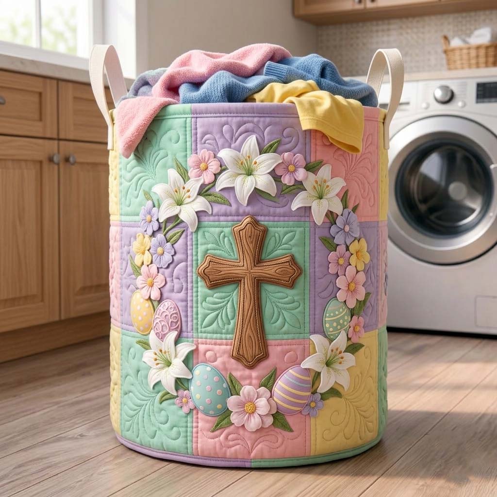 Easter Lily Cross Quilted Laundry Basket Easter Cross Wreath Hamper Home Decor Gifts For Her
