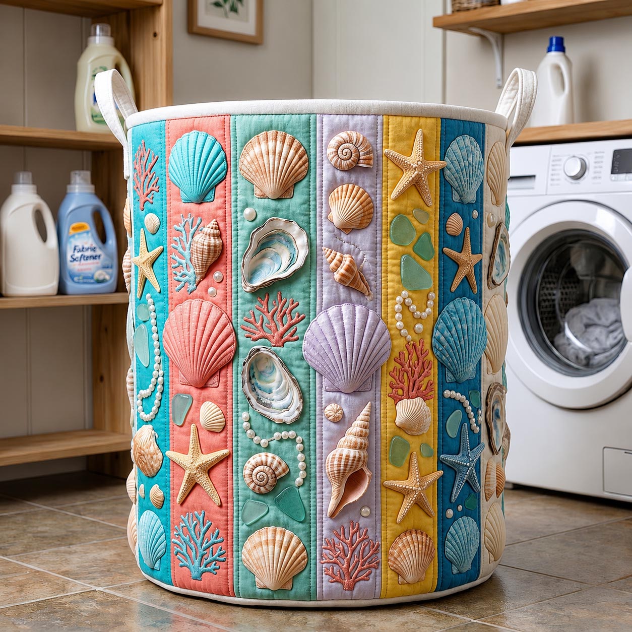 Coastal Beach Seashell Quilted Laundry Basket Sea Lover Laundry Basket Good Gifts For Husband