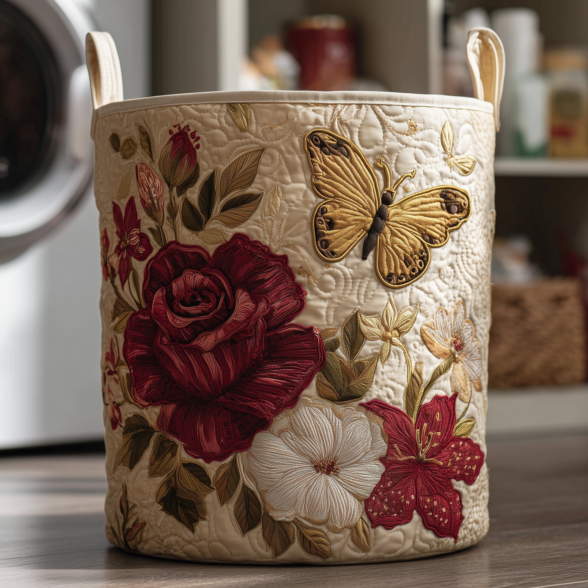 Floral Butterfly Garden Quilted Laundry Basket Vintage Rose Garden Hamper Home Lover Gift Ideas