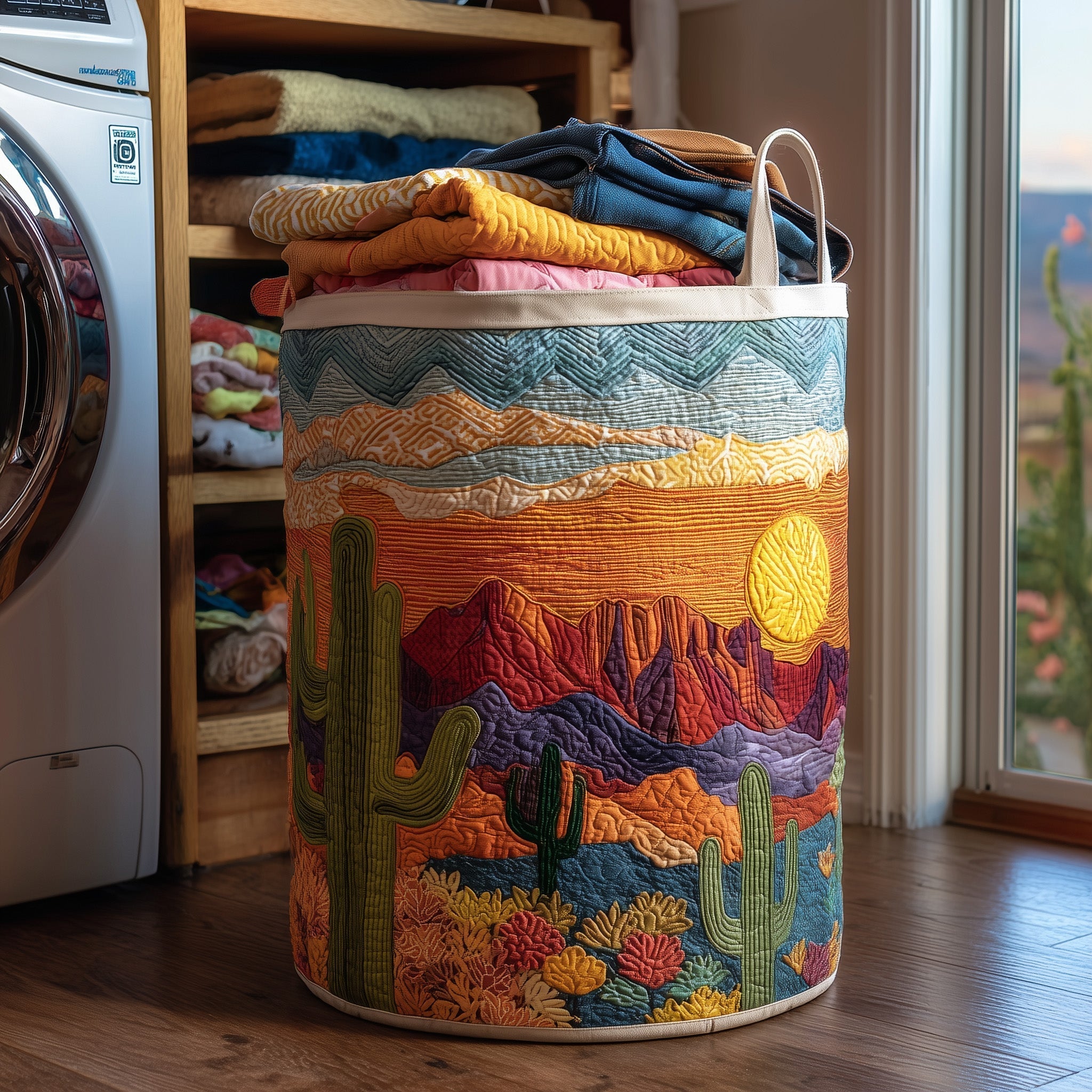Desert Sunset Quilted Laundry Basket Cactus Desert Hamper Cool Room Decor