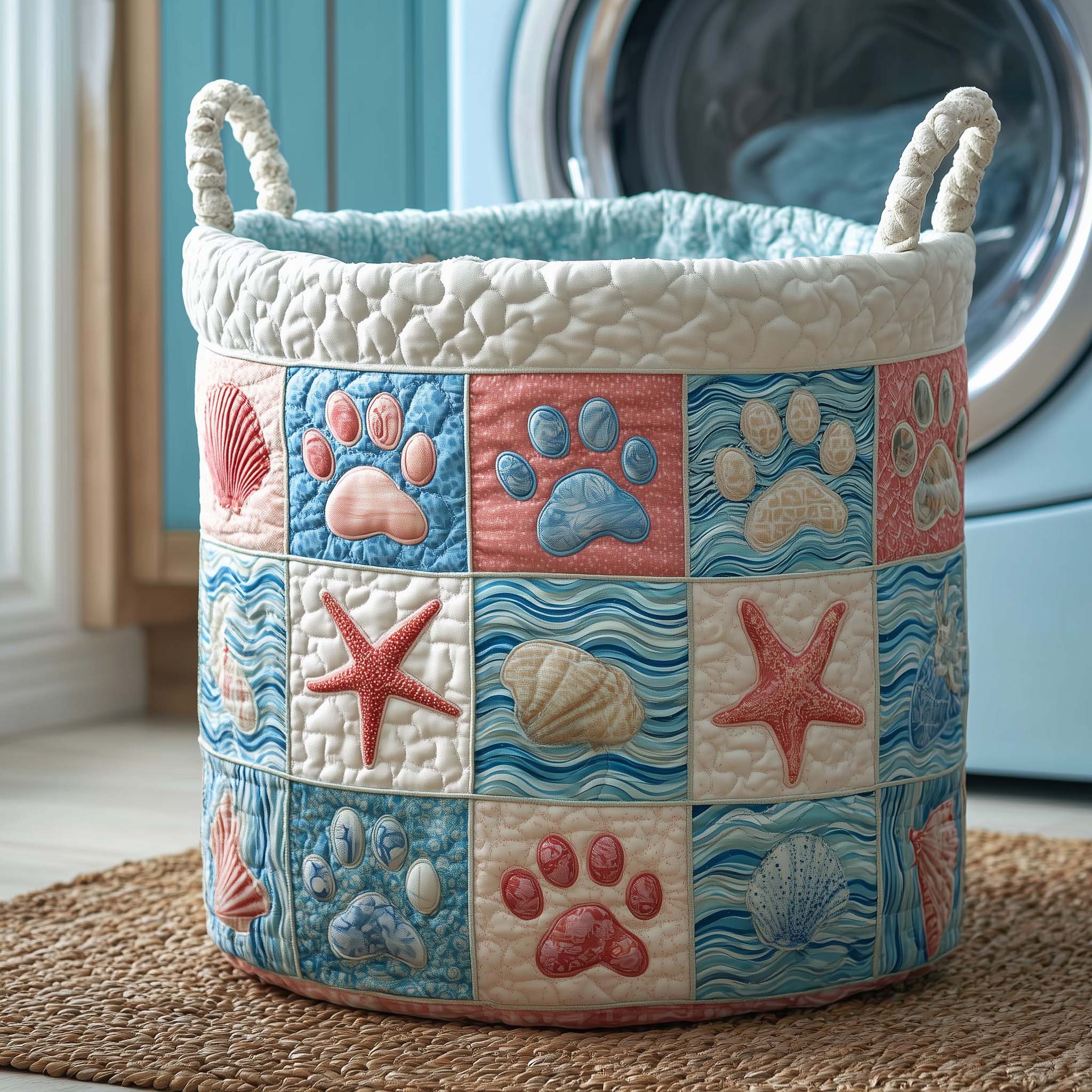 Coastal Paw Quilted Laundry Basket Paw Lover Clothes Hamper Cute Room Decor