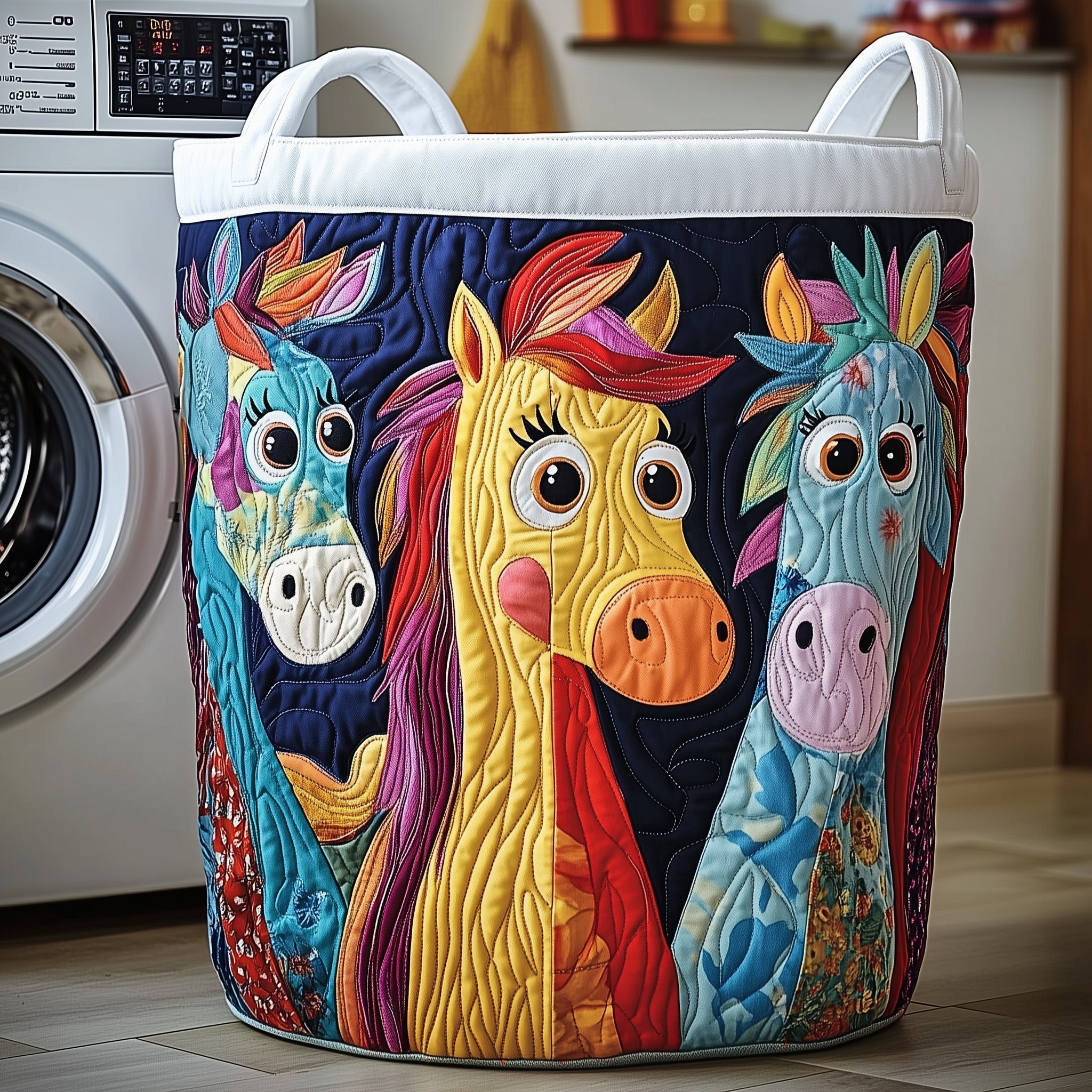 Colorful Horses Quilted Laundry Basket Horse Lovers Storage Hamper Gift Ideas