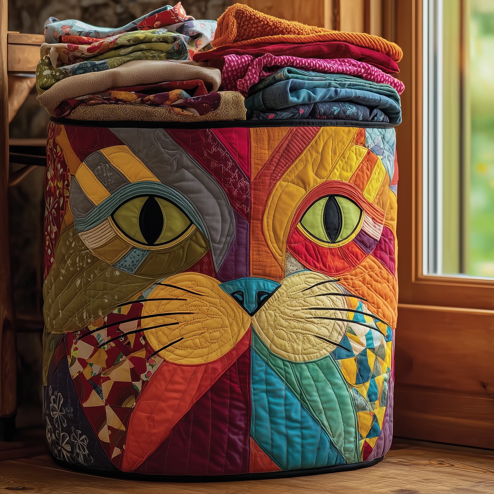 Cat Face Quilted Laundry Basket Cat Lover Clothes Hamper Gift For House Lover