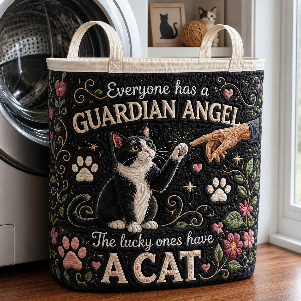 Everyone Has A Guardian Angel The Lucky Ones Have A Cat Quilted Laundry Basket Gift