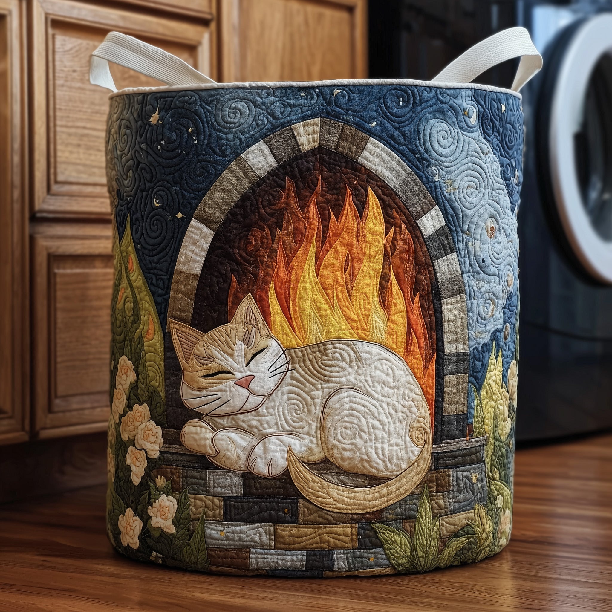 Cozy Cat Hearth Quilted Laundry Basket Cat Lover Clothes Hamper Home Decor Gifts For Her