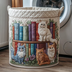 Bookish Feline Friends Quilted Laundry Basket Cat Lover Storage Basket House Lover Gift Ideas