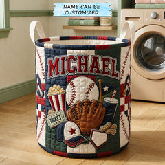 Custom Name Baseball Game Day Quilted Laundry Basket Baseball Lover Merch Home Decor Gifts