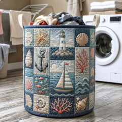 Coastal Beach Patchwork Quilted Laundry Basket Seaside Lighthouse Sailboat Clothes Hamper Gift