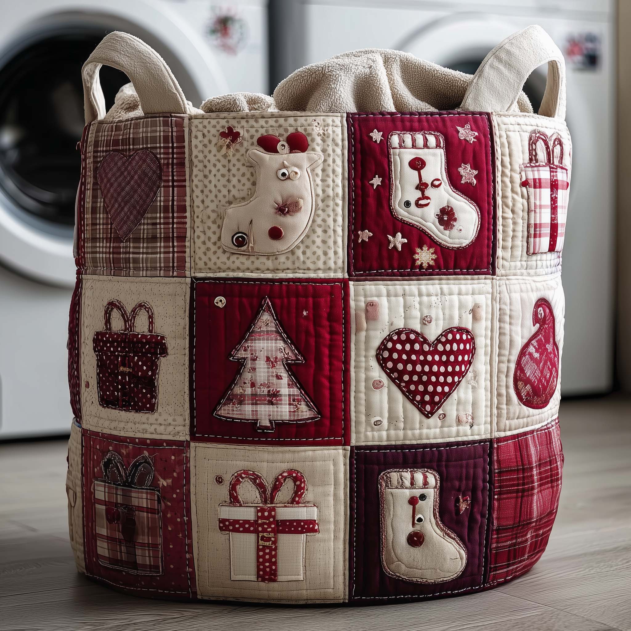 Christmas Patchwork Quilted Laundry Basket Holiday Stocking Tree Clothes Hamper Cute Room Decor