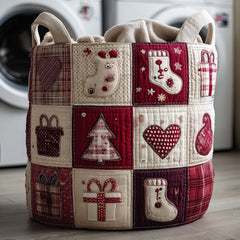 Christmas Patchwork Quilted Laundry Basket Holiday Stocking Tree Clothes Hamper Cute Room Decor