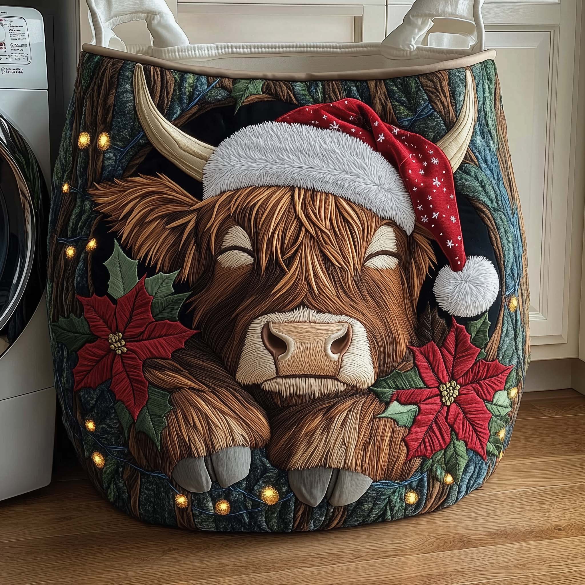 Festive Highland Cow Quilted Laundry Basket Cow Christmas Hamper Gift For New Home