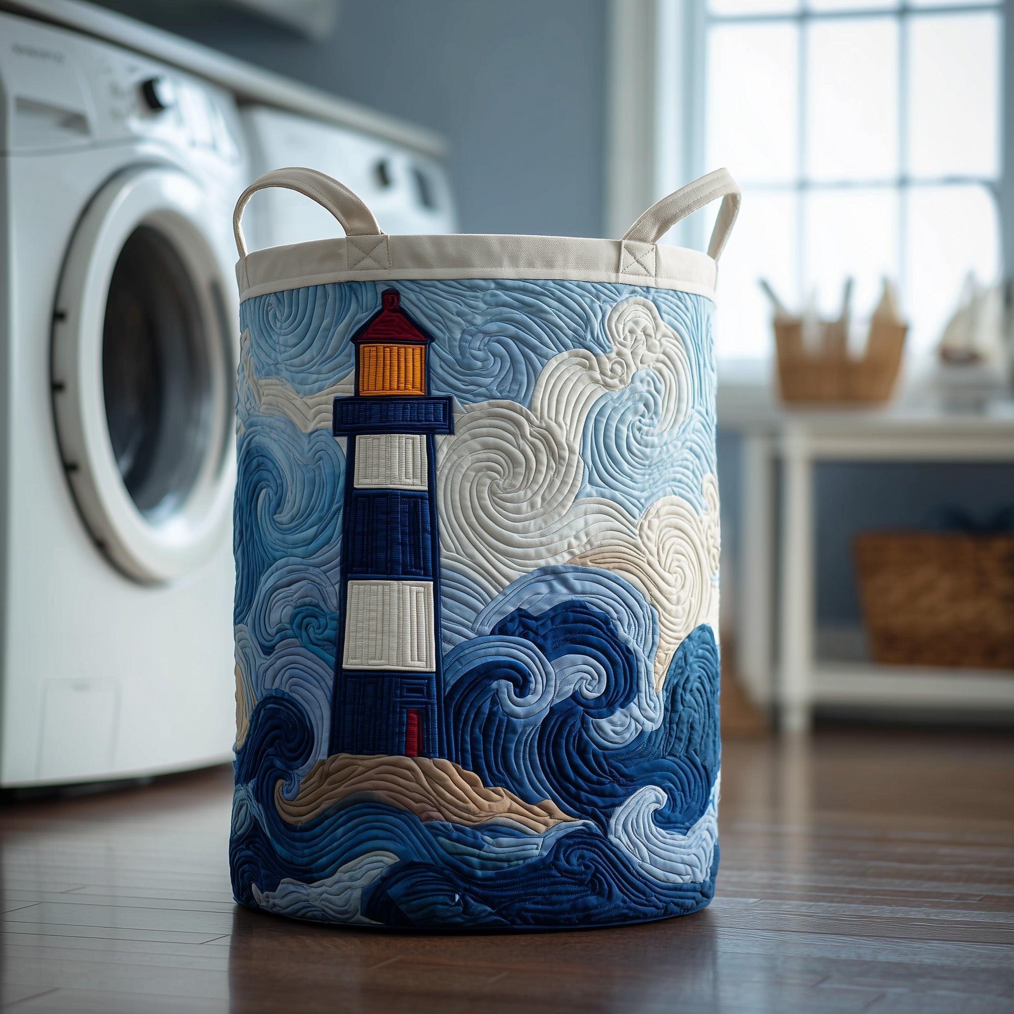 Coastal Lighthouse Quilted Laundry Basket Lighthouse Waves Laundry Hamper Decor Gift