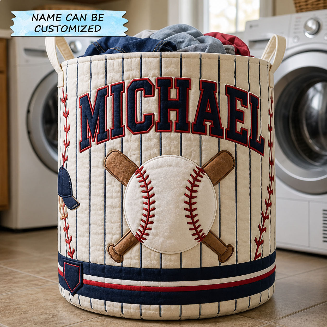 Custom Name Baseball Stitch Quilted Laundry Basket Baseball Lover Storage Basket Cozy Gift