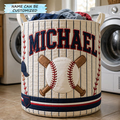 Custom Name Baseball Stitch Quilted Laundry Basket Baseball Lover Storage Basket Cozy Gift
