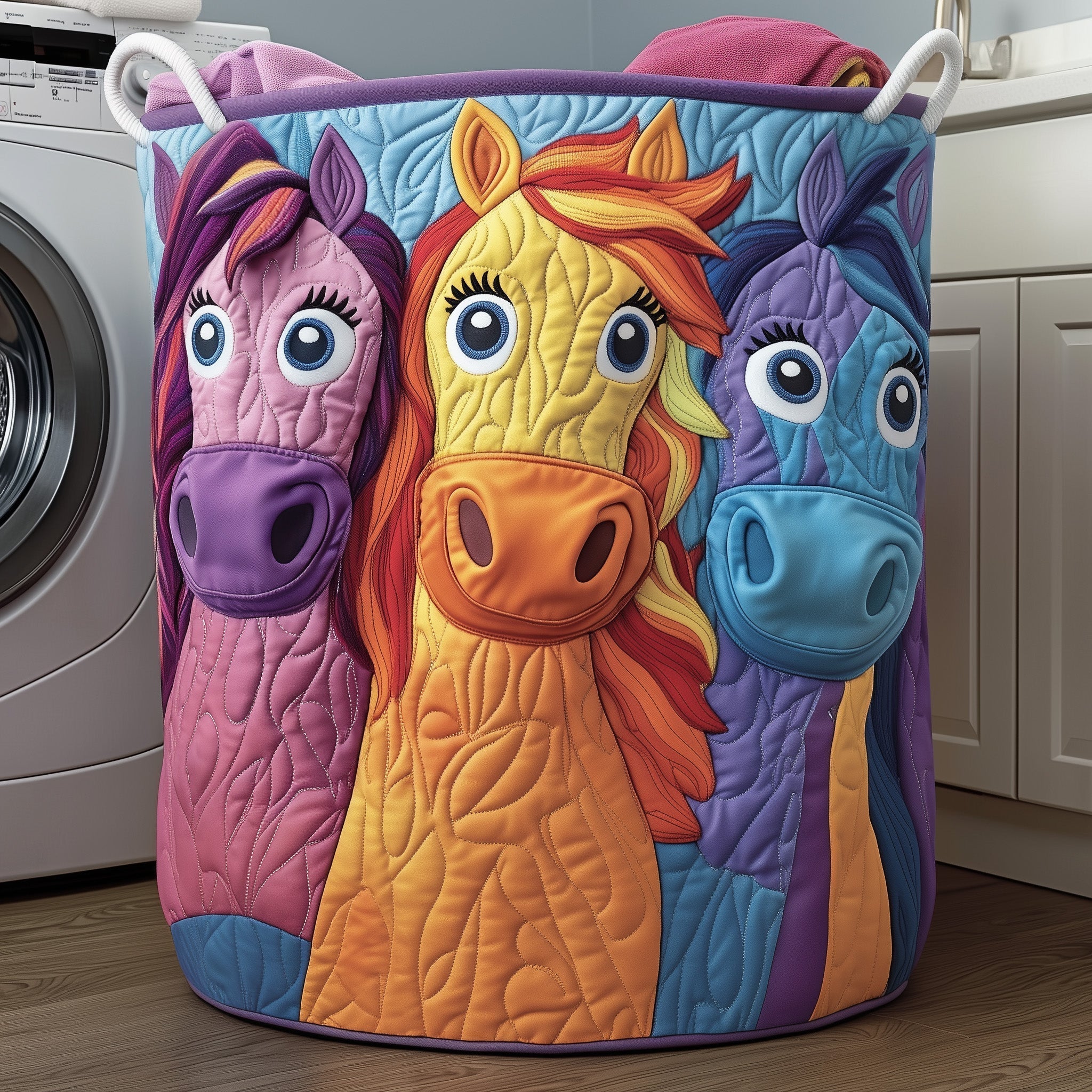 Cute Horses Quilted Laundry Basket Whimsical Cartoon Horse Storage Basket Top Gift
