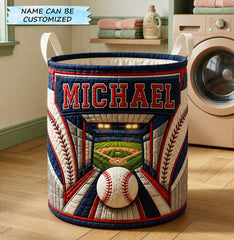 Custom Name Baseball Stadium Quilted Laundry Basket Baseball Lover Clothes Hamper Gift