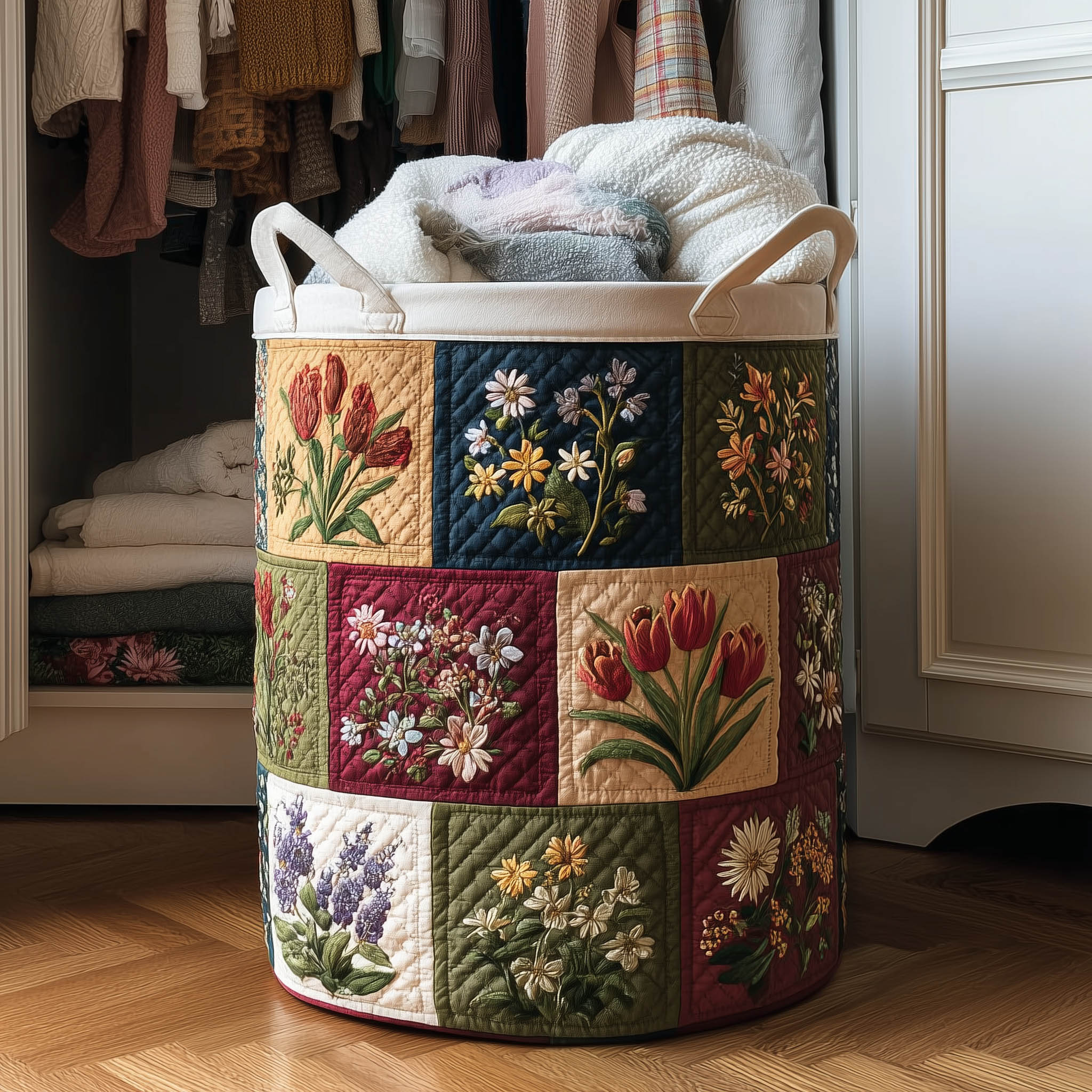 Botanical Garden Quilted Laundry Basket Floral Patchwork Clothes Hamper Gift For House Lover