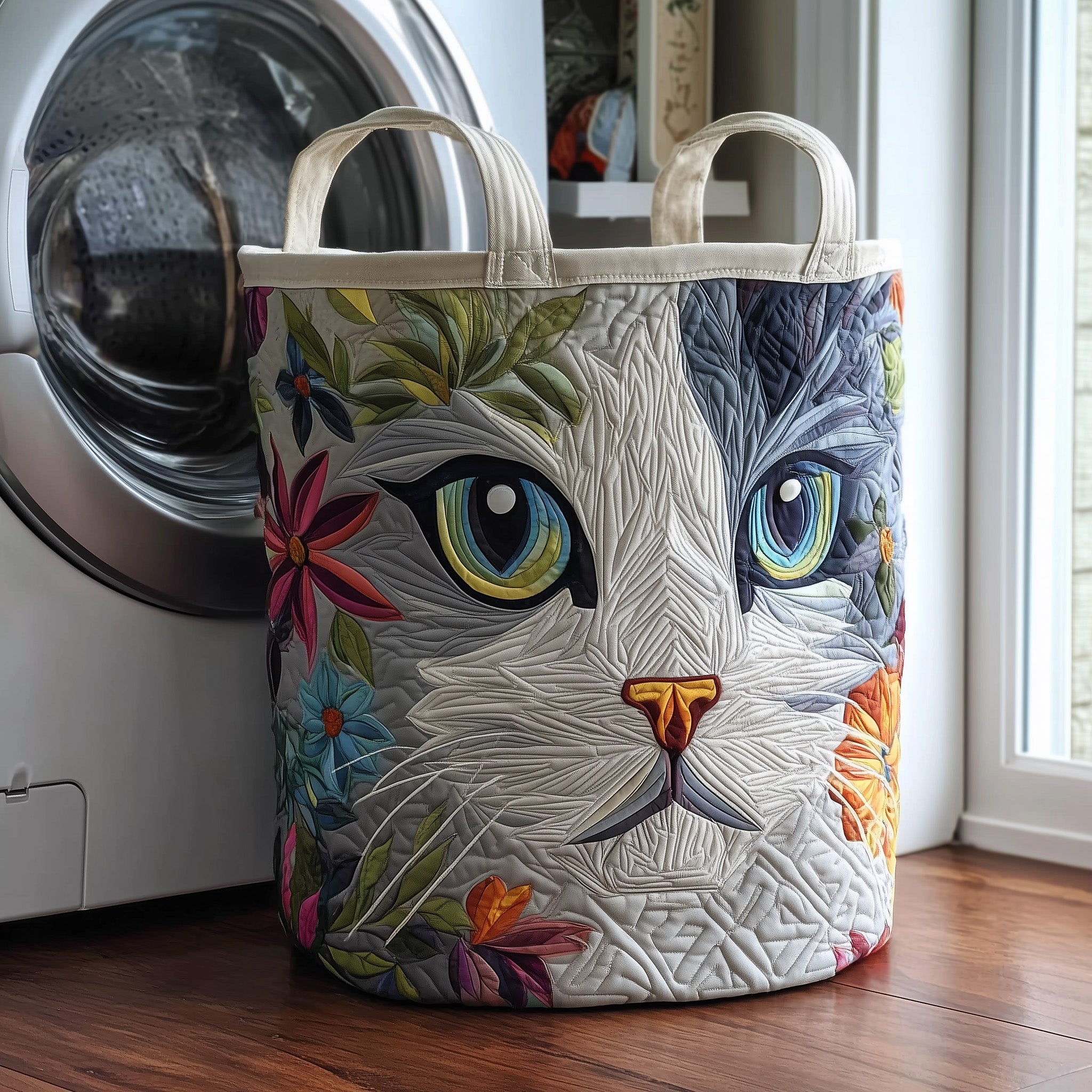 Floral Cat Face Quilted Laundry Basket Cat Lover Laundry Hamper Present For New Home