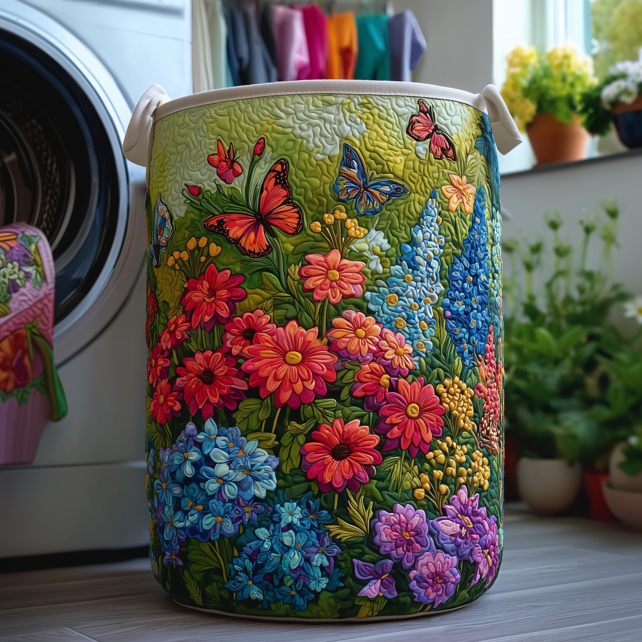 Butterfly Garden Quilted Laundry Basket Floral Butterfly Storage Basket Room Lover Gift