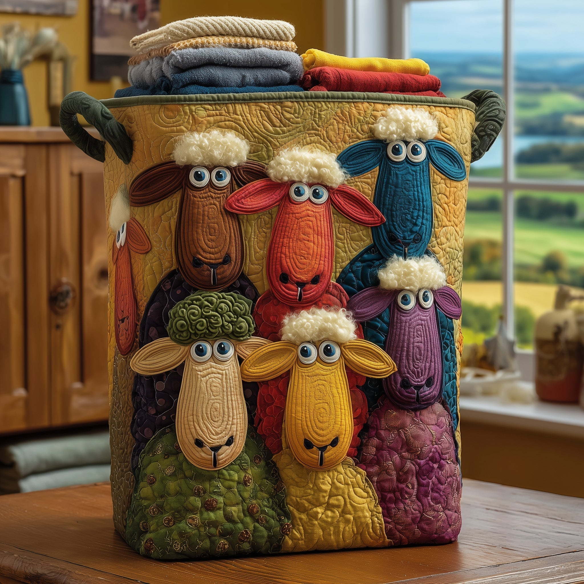 Crazy Sheep Quilted Laundry Basket Sheep Lover Clothes Hamper Gift For Home Decor