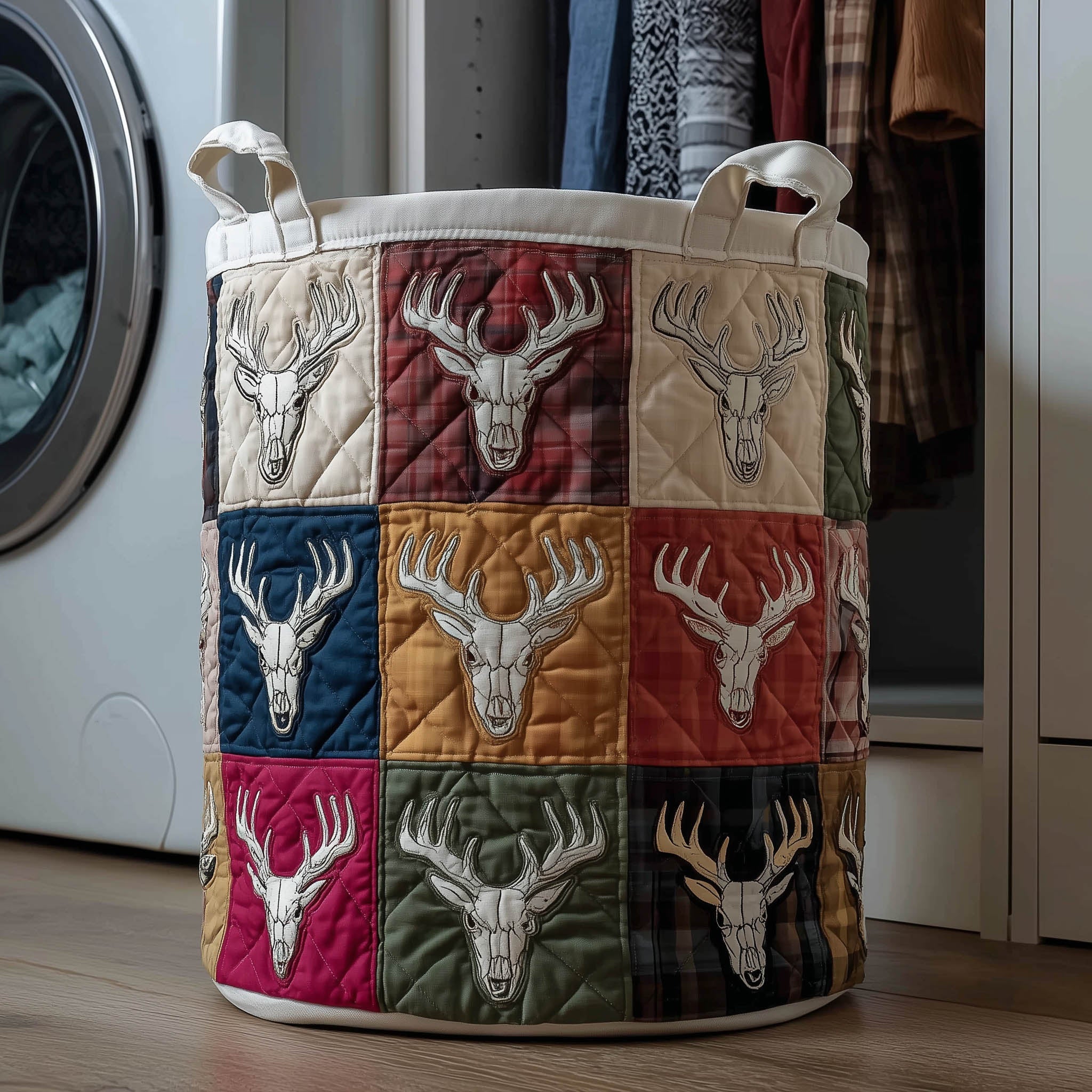 Deer Head Patchwork Quilted Laundry Basket Deer Head Lover Clothes Hamper Home Gift