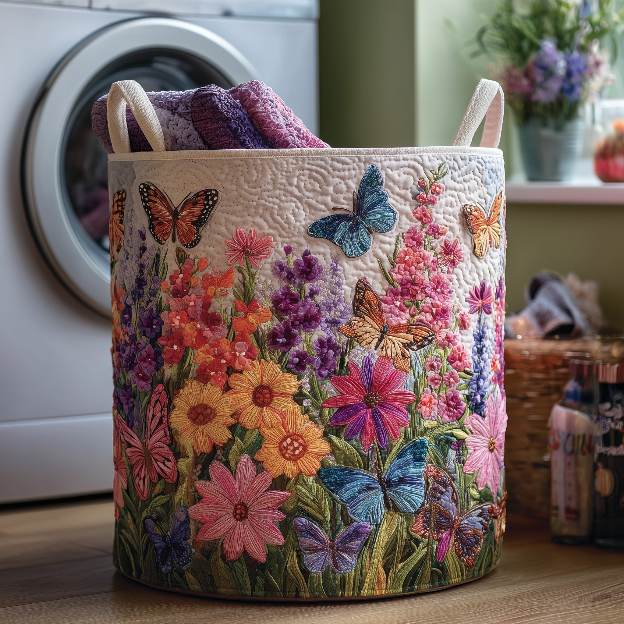 Butterfly Garden Quilted Laundry Basket Butterfly Floral Laundry Bin Present For Mom Home Decor
