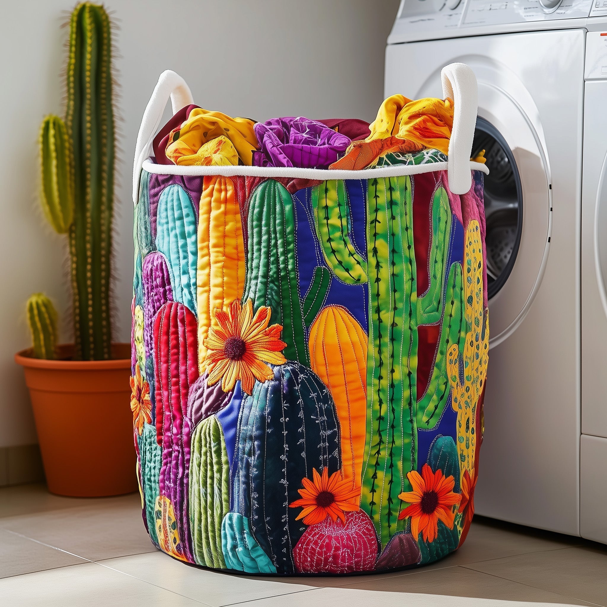 Desert Bloom Quilted Laundry Basket Cactus Floral Clothes Hamper Room Decor Gift