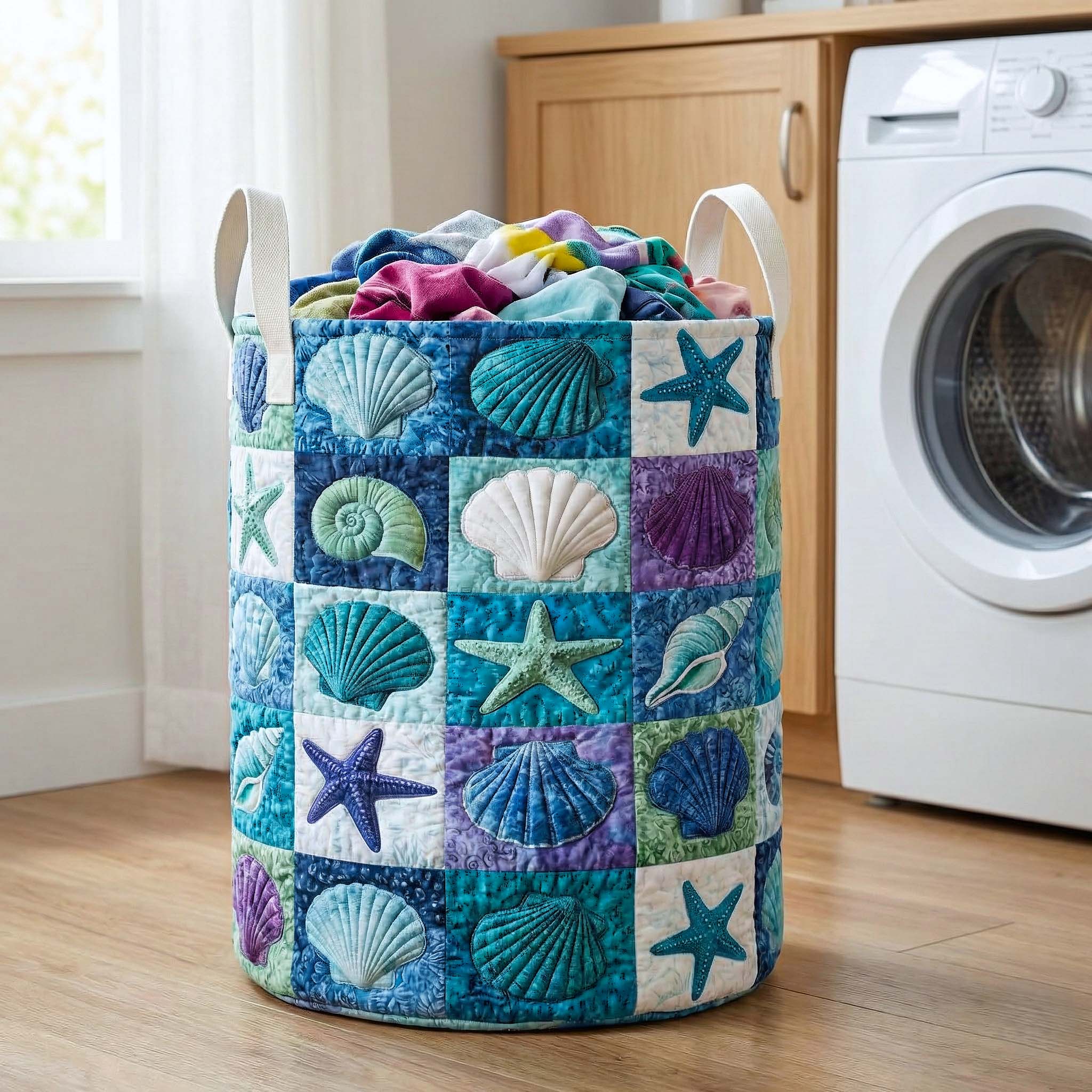 Coastal Seashells Quilted Laundry Basket Seashell Patchwork Laundry Bin Unique Home Decor Finds