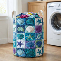 Coastal Seashells Quilted Laundry Basket Seashell Patchwork Laundry Bin Unique Home Decor Finds