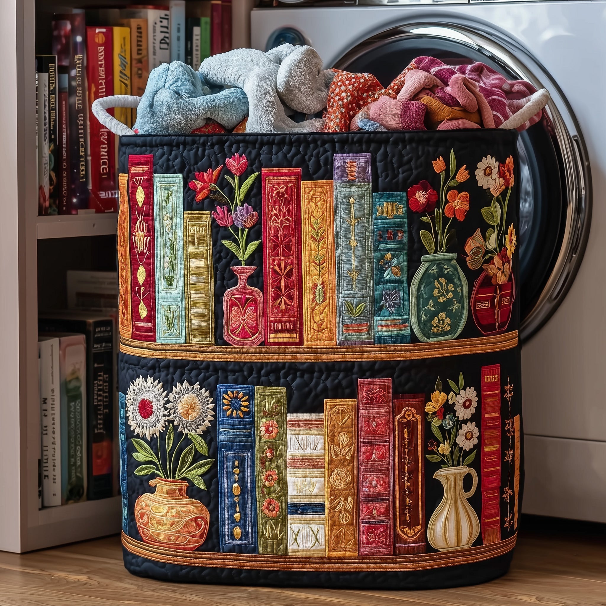Bookish Blooms Quilted Laundry Basket Floral Bookshelf Clothes Hamper Presents For New Home